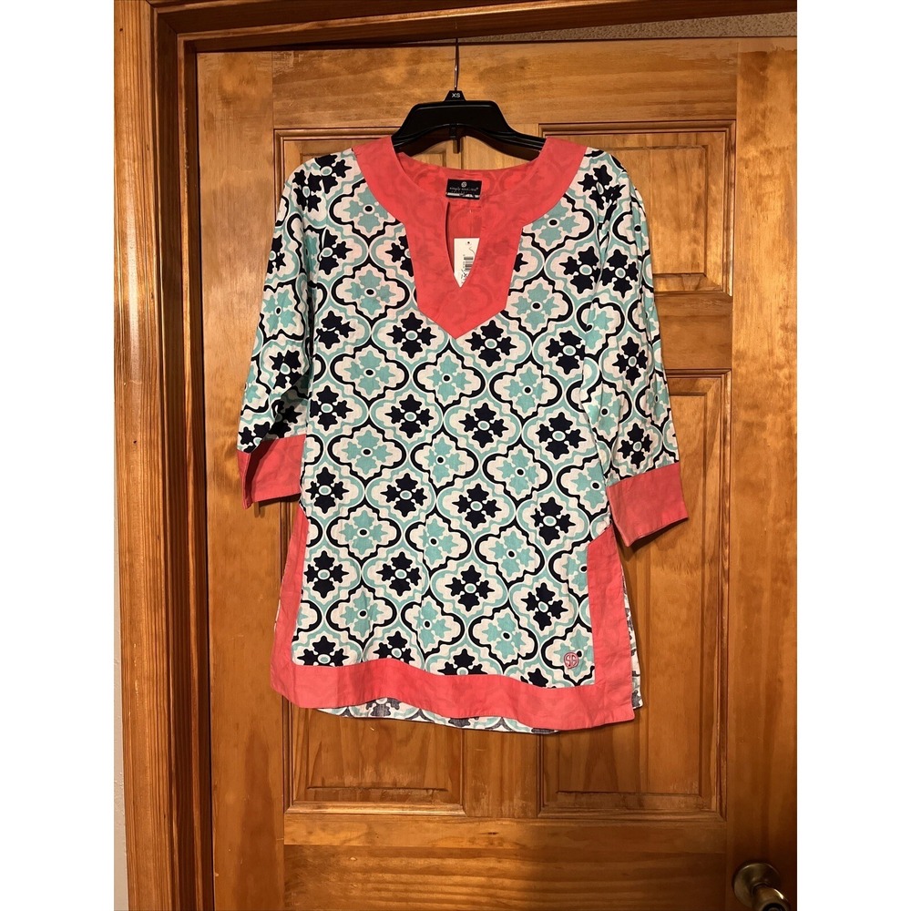 Simply Southern Tunic Top Swim Cover Up Aqua Coral Navy Medallion Womens Small